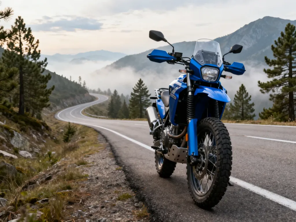 Niebieski motocykl adventure na górskiej drodze, podkreślone opony, zawieszenie i silnik, w tle kręta szosa w mglistych górach.
