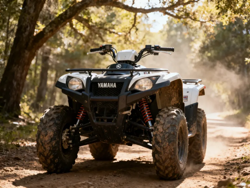 Yamaha Grizzly 700 na leśnej ścieżce, widok z przodu z podkreślonym zawieszeniem i terenowymi oponami