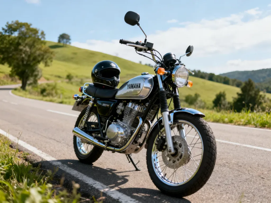 Mały chopper Yamaha Virago 125 na wiejskiej drodze, błyszczące chromy i kask na siedzeniu w letnim krajobrazie