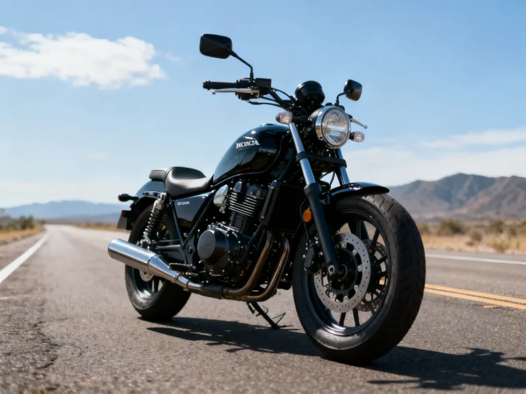Czarny cruiser Honda Rebel 500 stojący na pustej drodze, z widokiem na silnik i przód motocykla na tle gór i nieba.