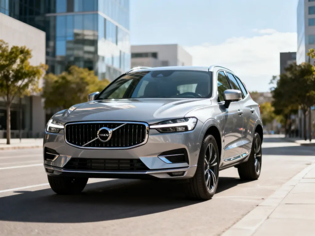 Srebrne Volvo XC60 zaparkowane na słonecznej, nowoczesnej ulicy, podkreślające elegancki przód i miejskich charakter auta.