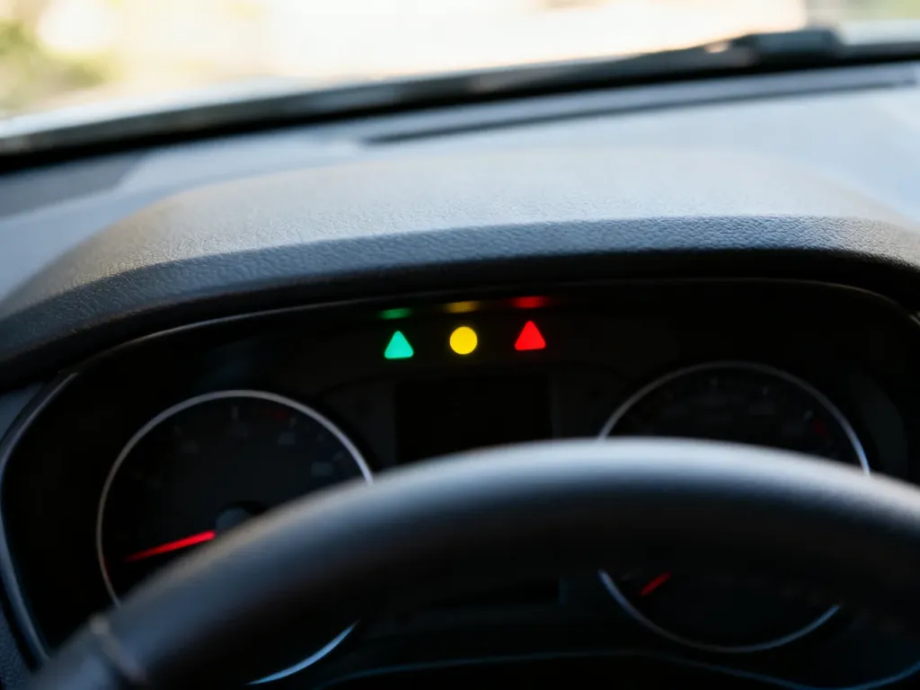 Zbliżenie deski rozdzielczej Dacii z podświetlonymi kontrolkami w różnych kolorach, podkreślające ich znaczenie i działanie.