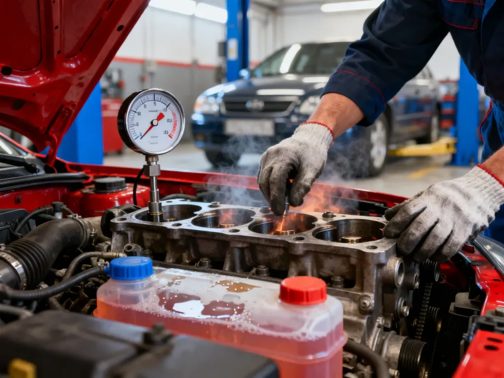 Mechanik sprawdza silnik samochodu z widocznymi śladami płynu chłodniczego, diagnozując awarię uszczelki pod głowicą.