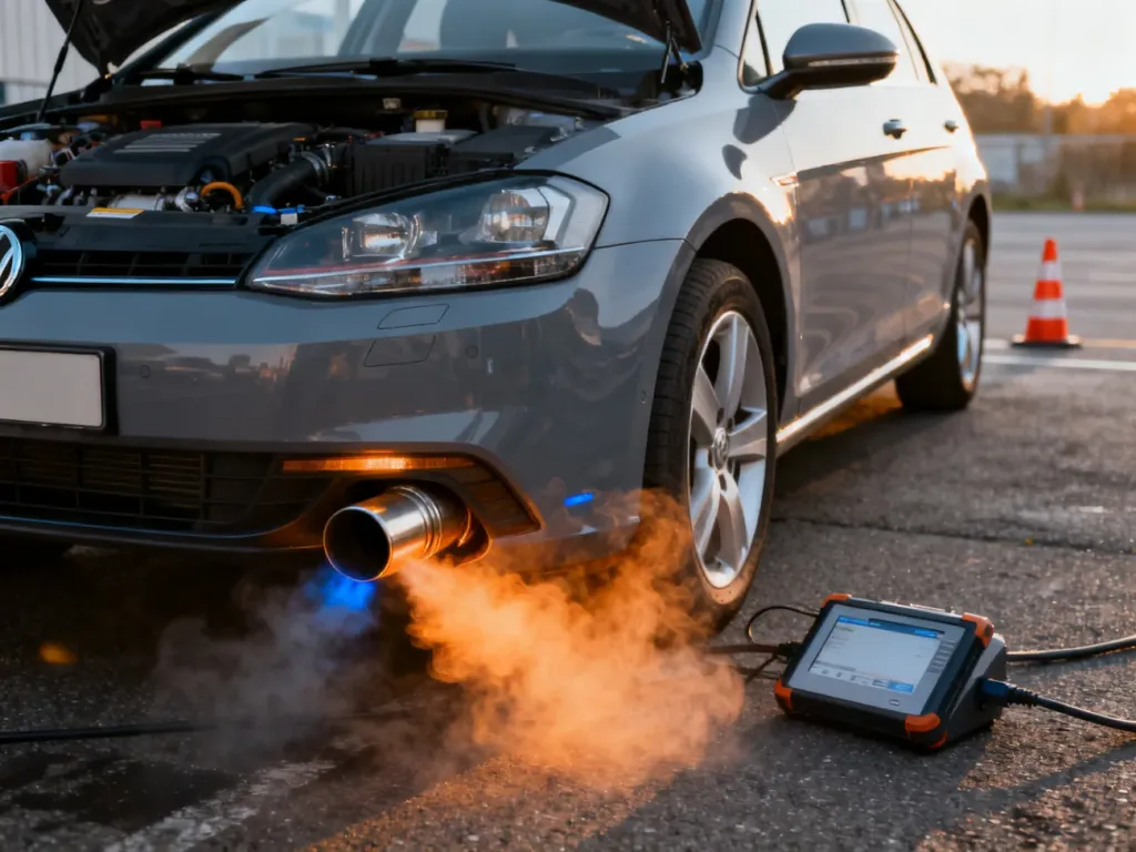 Nowoczesny samochód z silnikiem diesla podczas procedury wypalania DPF na postoju z widocznym urządzeniem diagnostycznym.