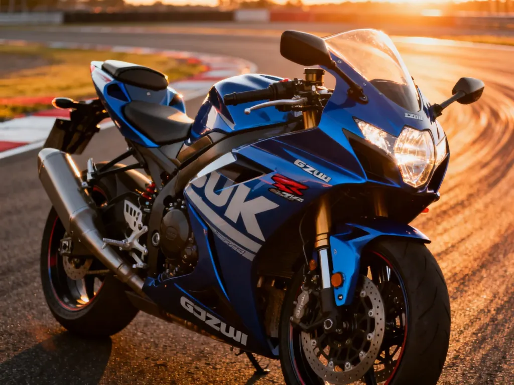 Sportowy motocykl Suzuki GSX-R 600 zaparkowany na torze wyścigowym w świetle zachodzącego słońca.
