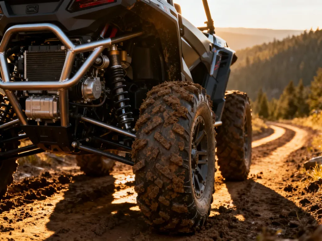 Quad CF Moto 520 zaparkowany na błotnistym górskim szlaku w świetle zachodzącego słońca.