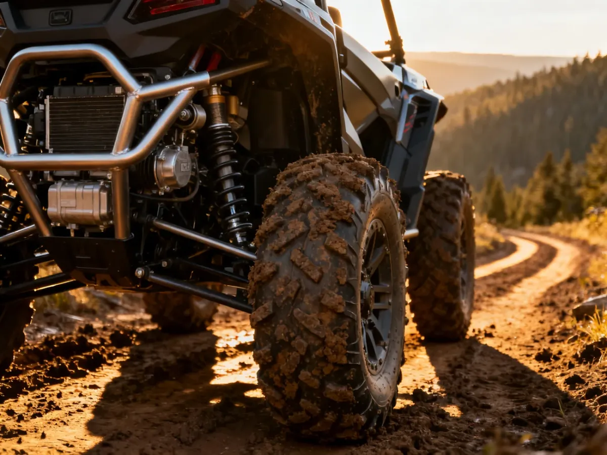 Quad CF Moto 520 zaparkowany na błotnistym górskim szlaku w świetle zachodzącego słońca.