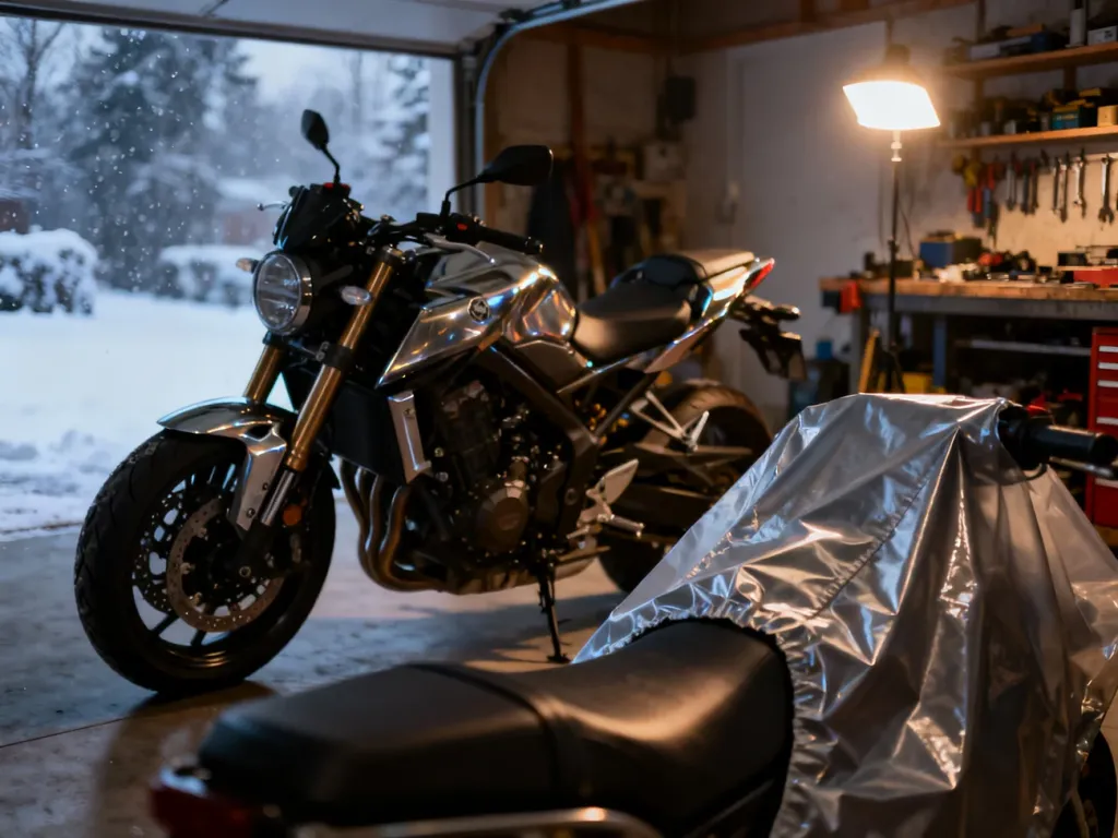 Błyszczący motocykl w garażu, na który nakładany jest pokrowiec ochronny w ramach przygotowań do zimowania.