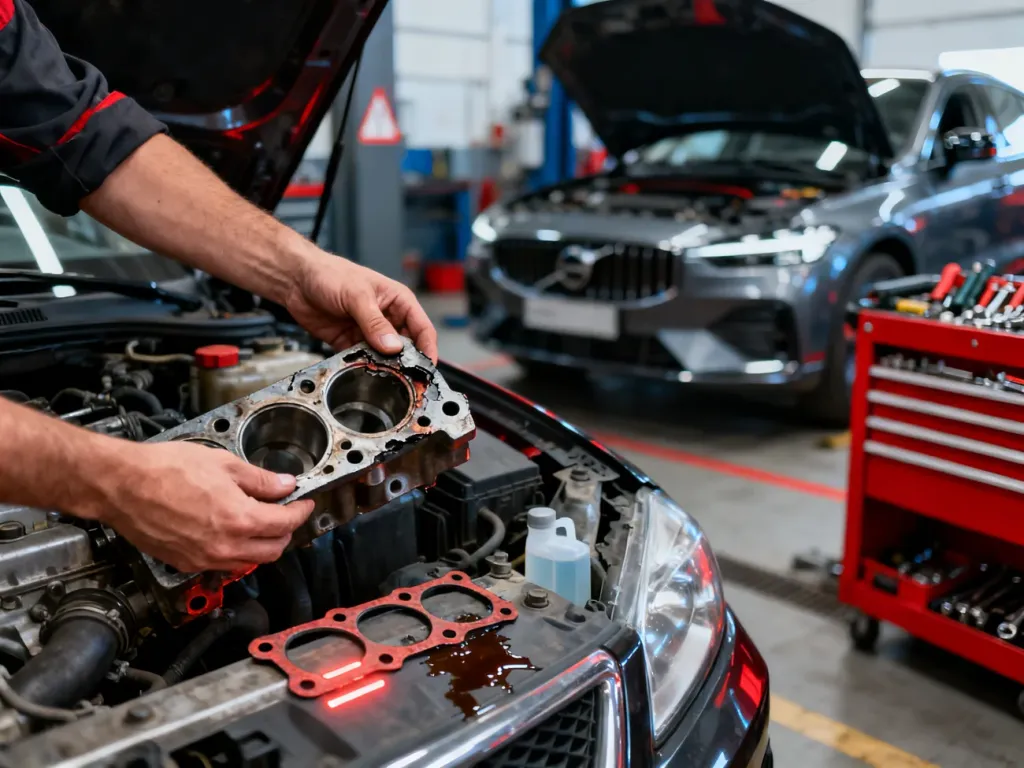 Mechanik dokonuje inspekcji uszkodzonej uszczelki pod głowicą przy otwartym silniku samochodu w warsztacie.