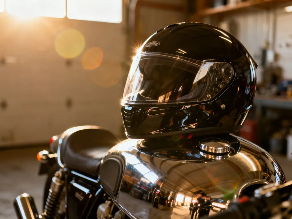 Nowoczesny kask motocyklowy spoczywający na chromowanym zbiorniku paliwa w klimatycznym garażu o zachodzie słońca.
