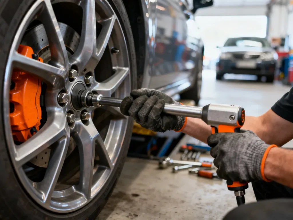 Mechanik dokręca śruby koła samochodu za pomocą klucza dynamometrycznego w profesjonalnym warsztacie.