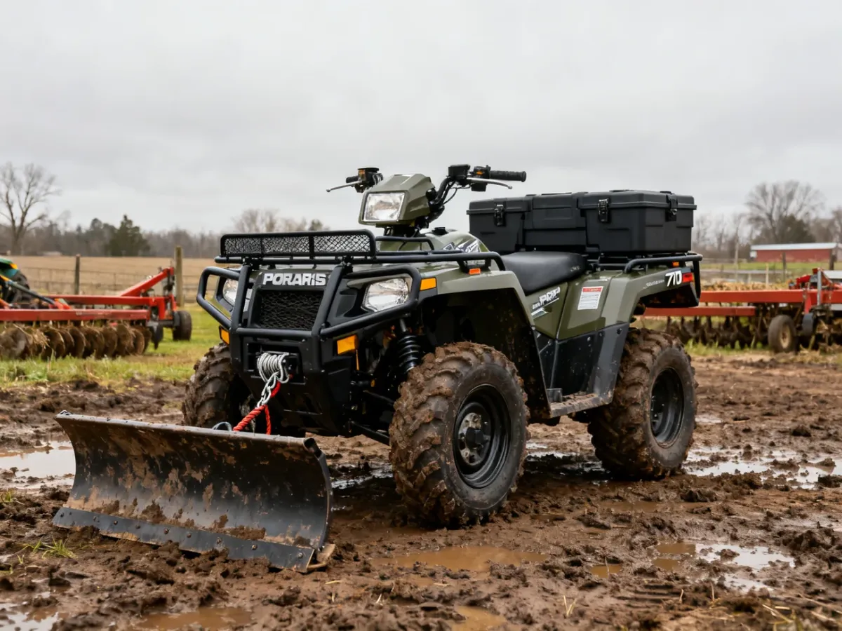 Quad Polaris Sportsman 570 z pługiem, wyciągarką i kufrem do pracy w gospodarstwie