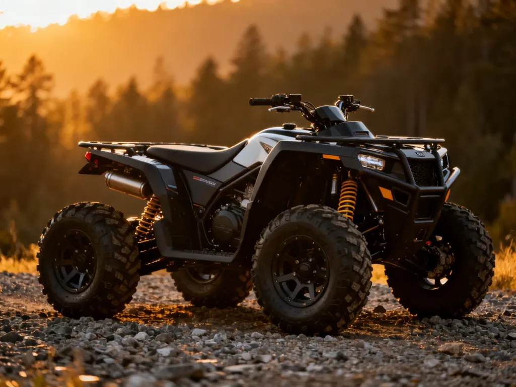 Polaris Sportsman 570 zaparkowany na żwirowym podłożu w scenerii lasu o zachodzie słońca. Widok z boku prezentujący detale quada.