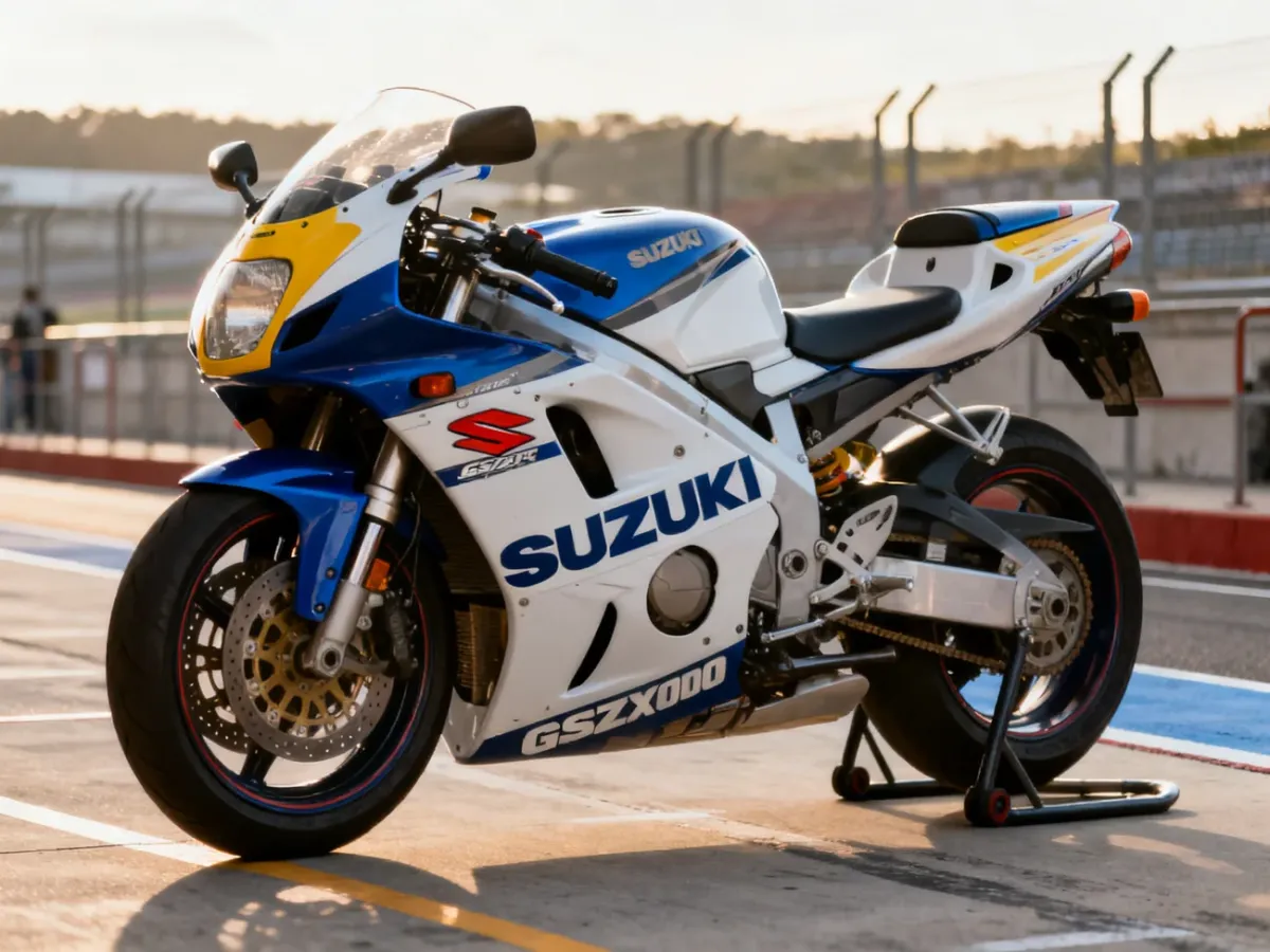 Suzuki GSX-R 600 z końca lat 90. stojący na torze wyścigowym