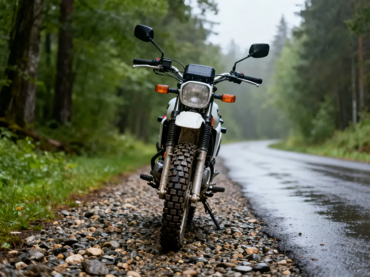 Motocykl typu ADV 125 na mokrej szutrowej drodze w lesie