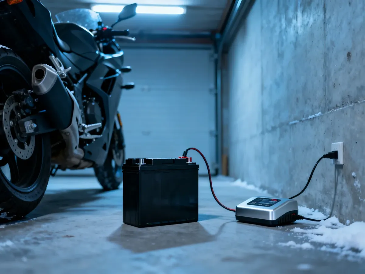 Akumulator motocykla podłączony do automatycznej ładowarki