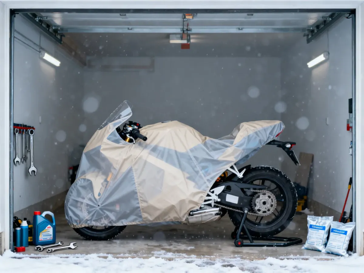 Motocykl przykryty pokrowcem w suchym garażu podczas zimowania