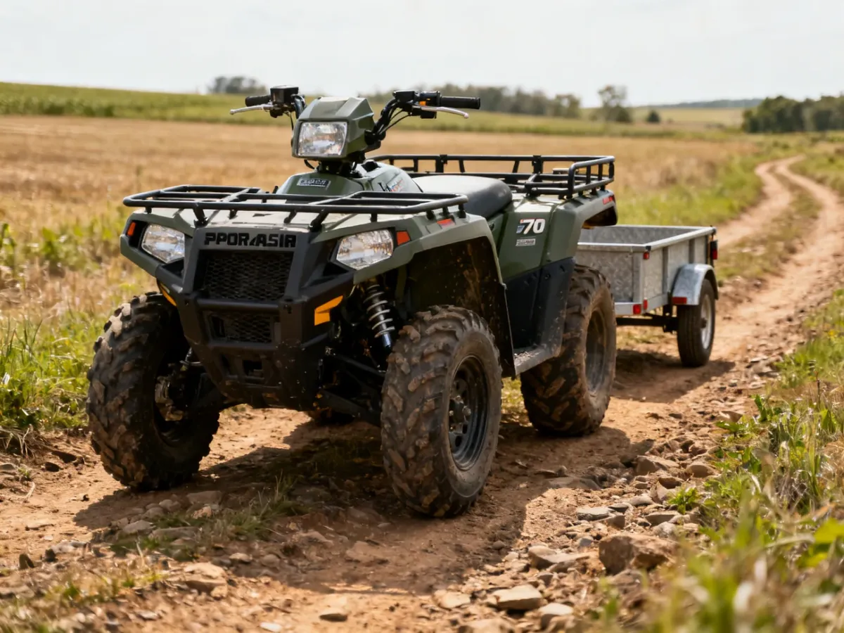 Quad Polaris Sportsman 570 na polnej drodze z bagażnikami i wyposażeniem do holowania
