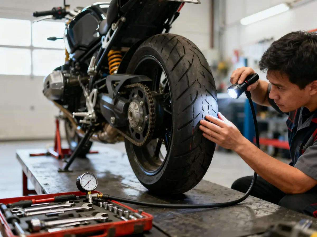 Kontrola ciśnienia i stanu opony motocykla w garażu