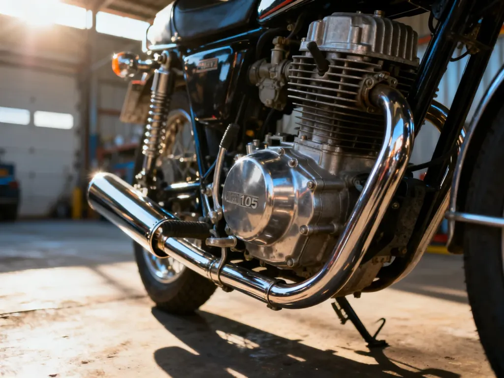 Zbliżenie na chromowany układ wydechowy i blok silnika motocykla o pojemności 125 cm³. Mechaniczne detale w garażu.