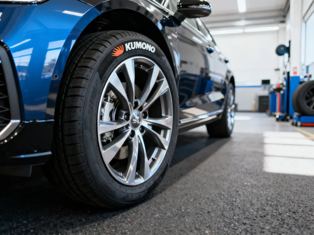 Opony marki Kumho zamontowane na nowoczesnym samochodzie w profesjonalnym serwisie wulkanizacyjnym.