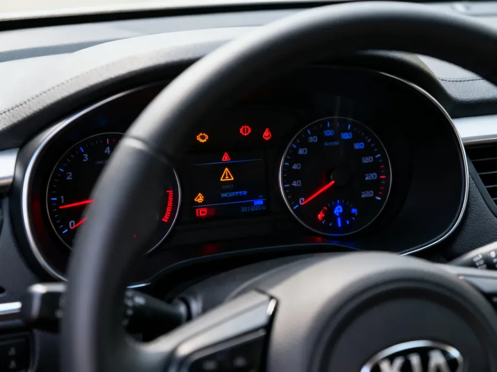 Deska rozdzielcza Kia Sportage z podświetlonymi kontrolkami ostrzegawczymi na tle nowoczesnego wnętrza samochodu.