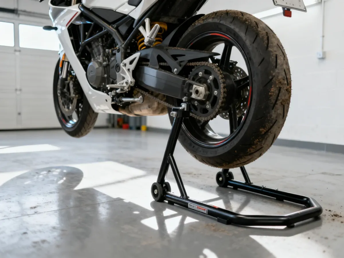Motocykl uniesiony na stojakach serwisowych w celu odciążenia opon
