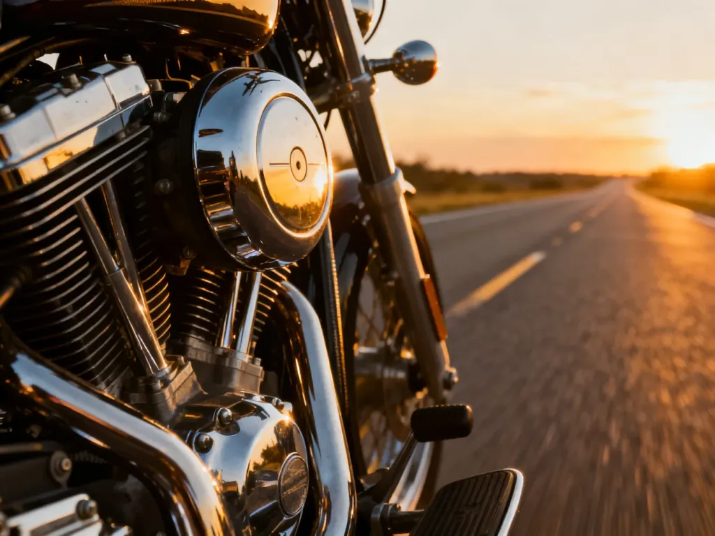 Zbliżenie na chromowaną pokrywę silnika motocykla Harley Sportster 883 z rozmytym krajobrazem drogi w świetle zachodzącego słońca.