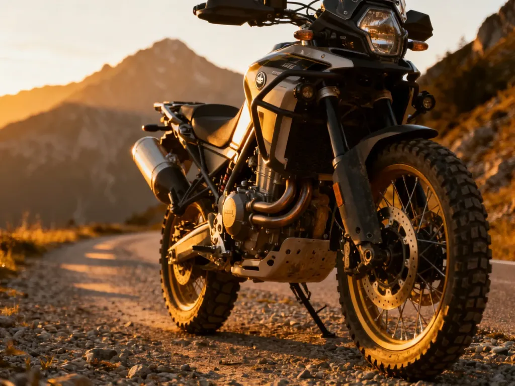 BMW GS 1200 zaparkowane na szutrowej drodze w górach podczas zachodu słońca, podkreślające terenowy charakter motocykla.