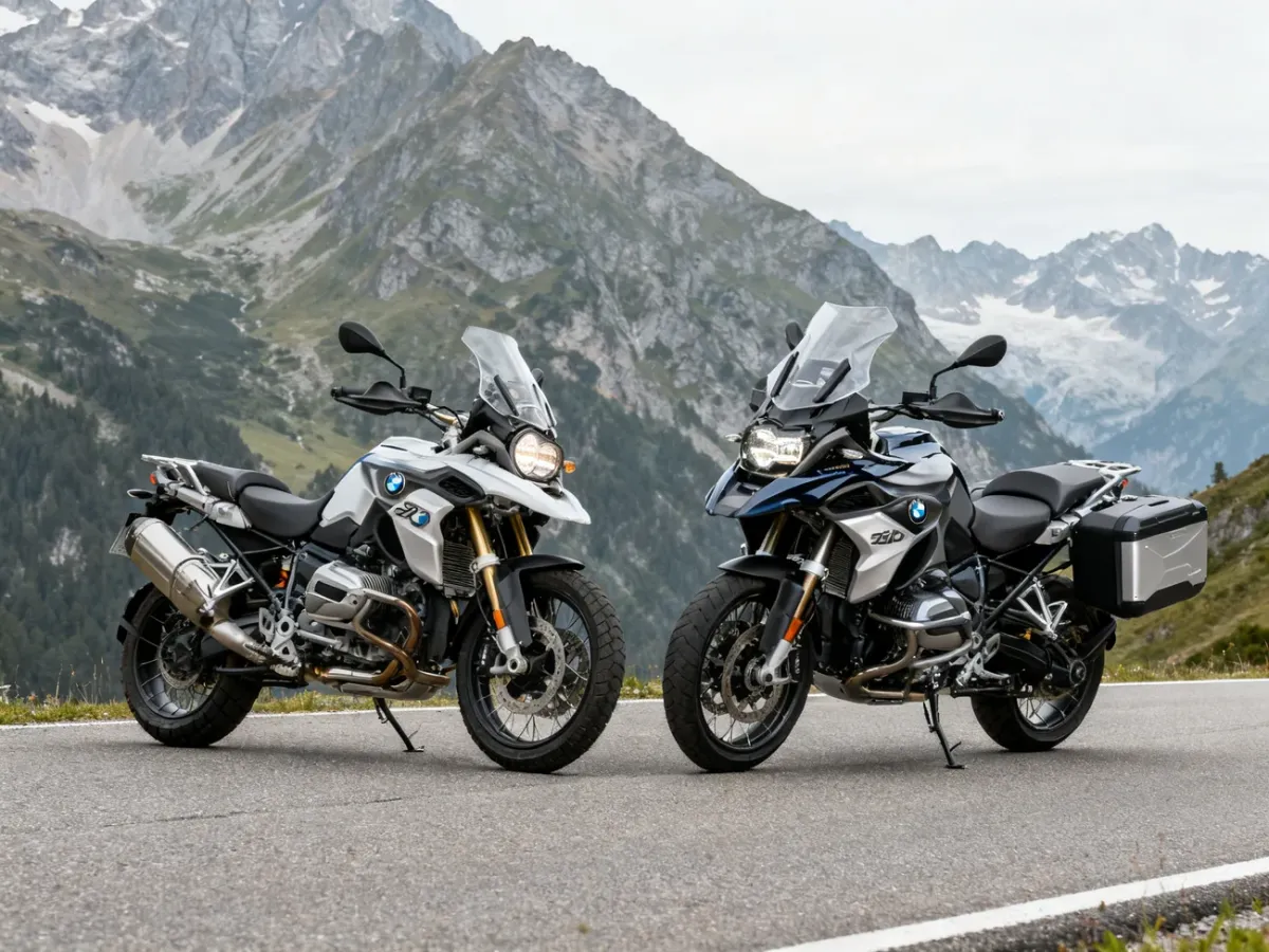 Dwa motocykle BMW R 1200 GS reprezentujące generacje K25 i LC na górskiej drodze