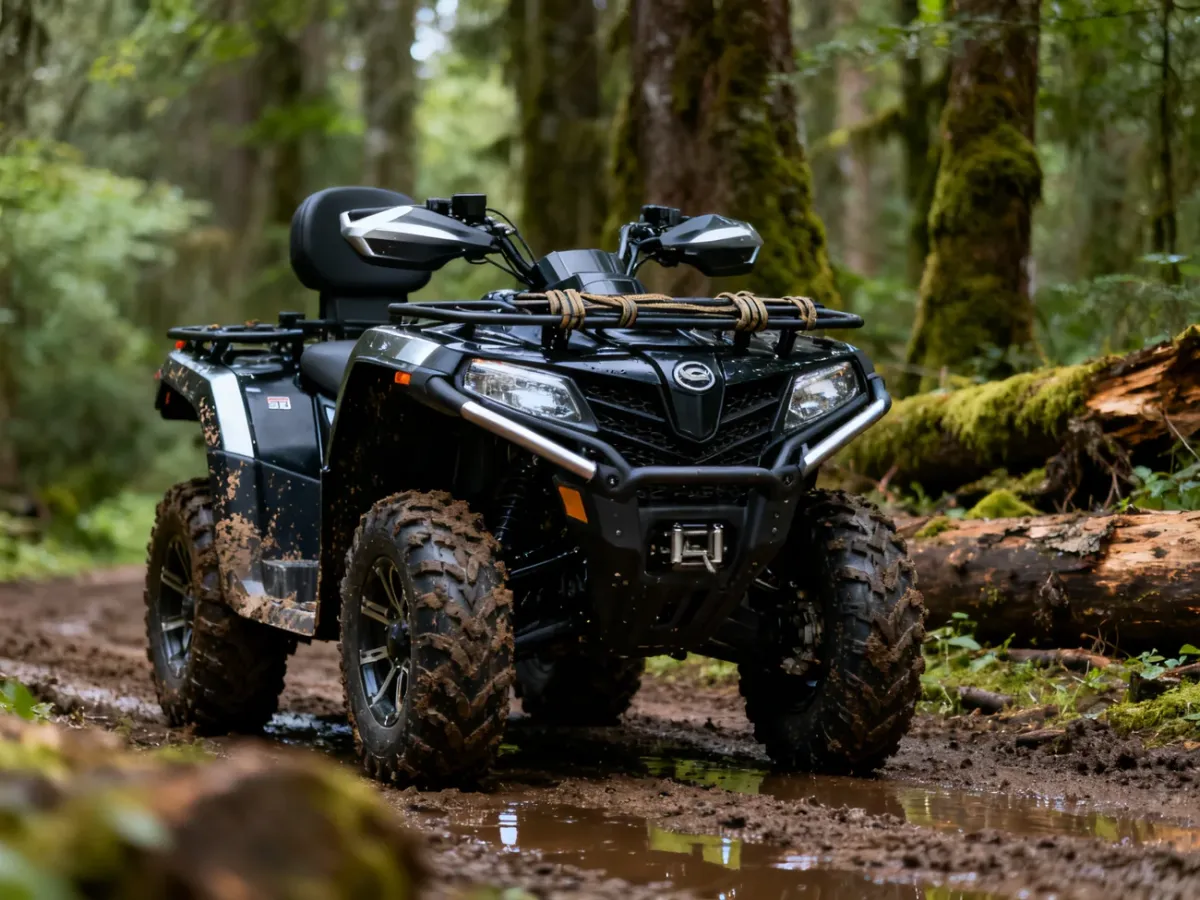CF Moto 520 quad na leśnej, błotnistej trasie terenowej