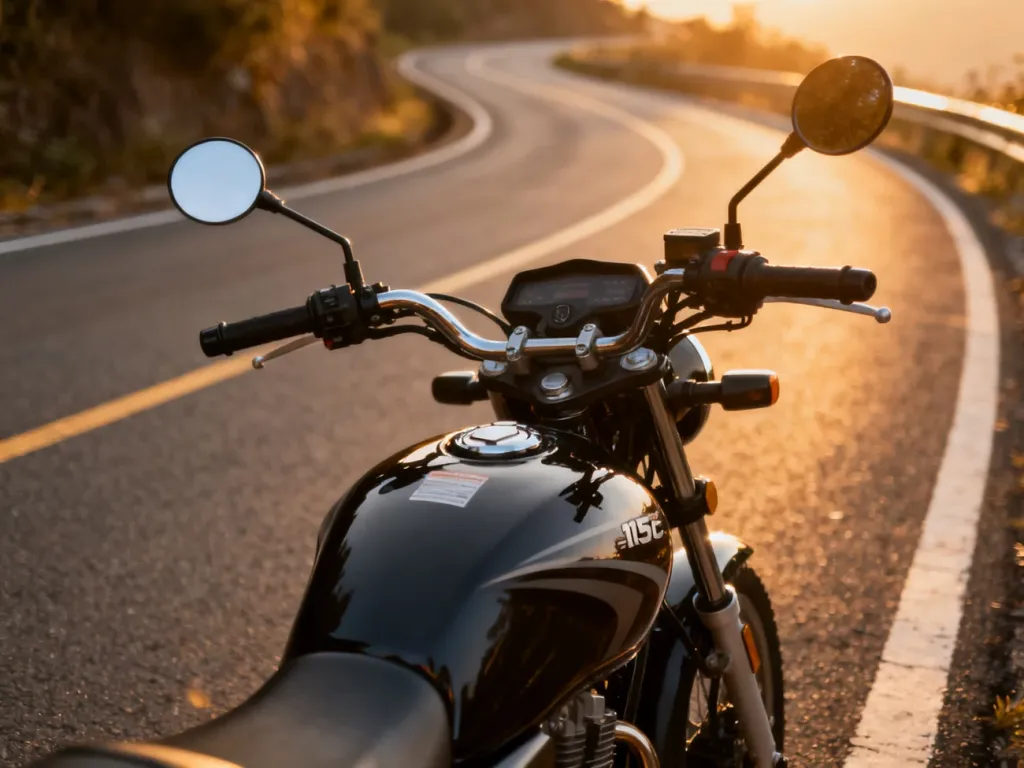 Nowoczesny motocykl o pojemności 125 cm³ zaparkowany na asfaltowej drodze w blasku zachodzącego słońca.