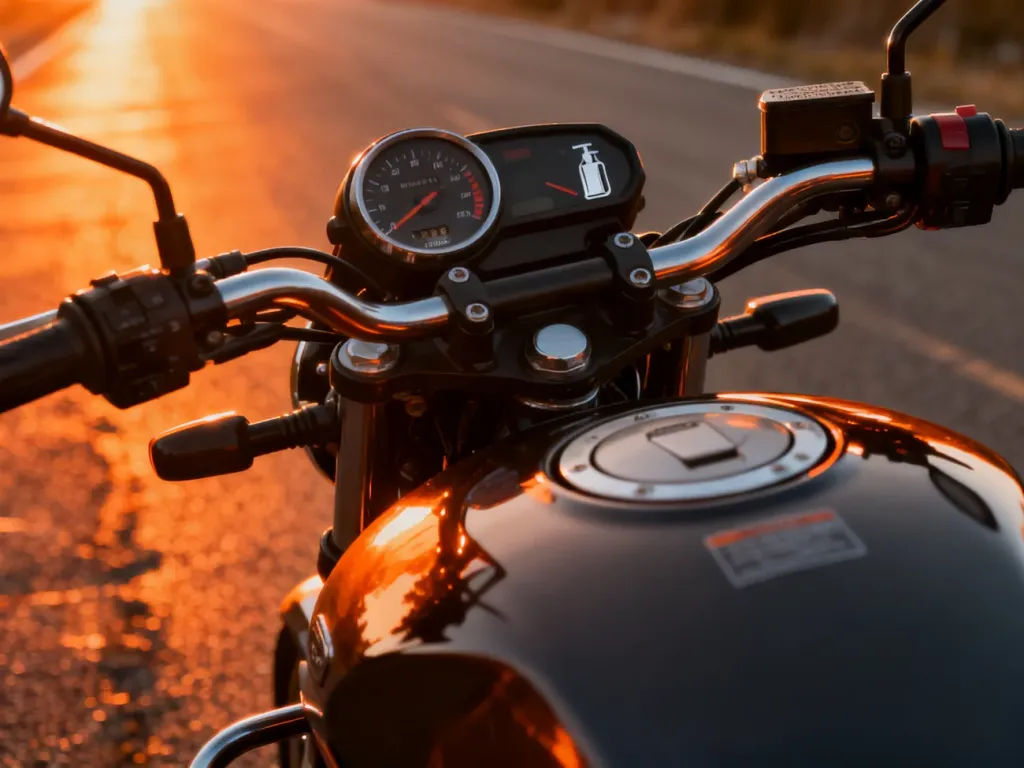 Zbliżenie na licznik i wskaźnik paliwa nowoczesnego motocykla na tle zachodzącego słońca i asfaltowej drogi.