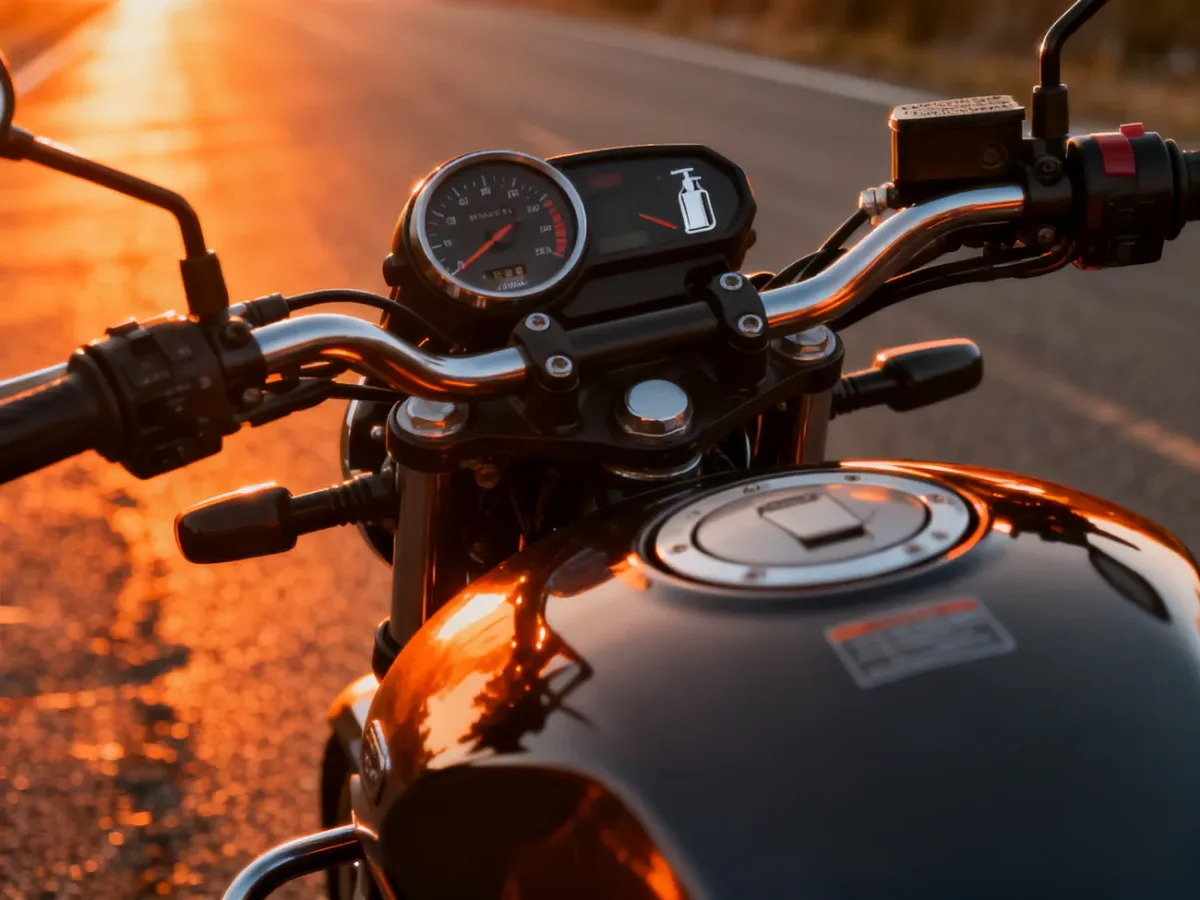Zbliżenie na licznik i wskaźnik paliwa nowoczesnego motocykla na tle zachodzącego słońca i asfaltowej drogi.