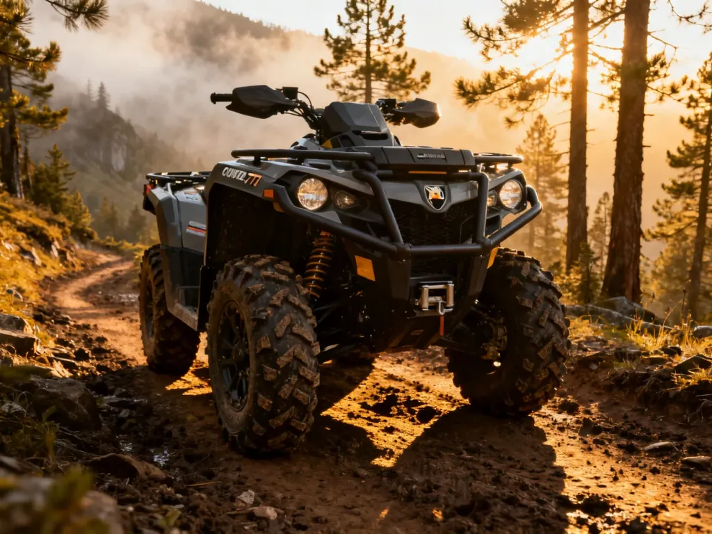 Quad Can-Am Outlander 570 zaparkowany na błotnistym górskim szlaku w promieniach zachodzącego słońca.
