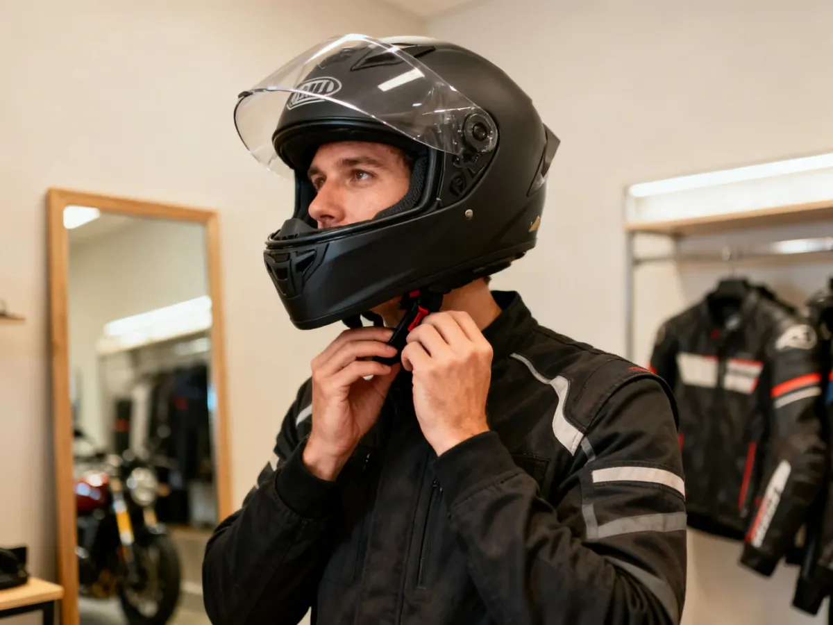 Motocyklista sprawdzający dopasowanie kasku podczas przymiarki