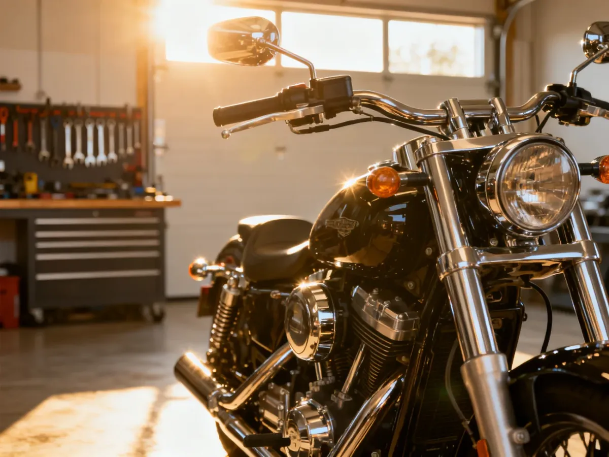 Wypolerowany silnik i kierownica motocykla w słonecznym garażu, gotowe do rozpoczęcia sezonu.