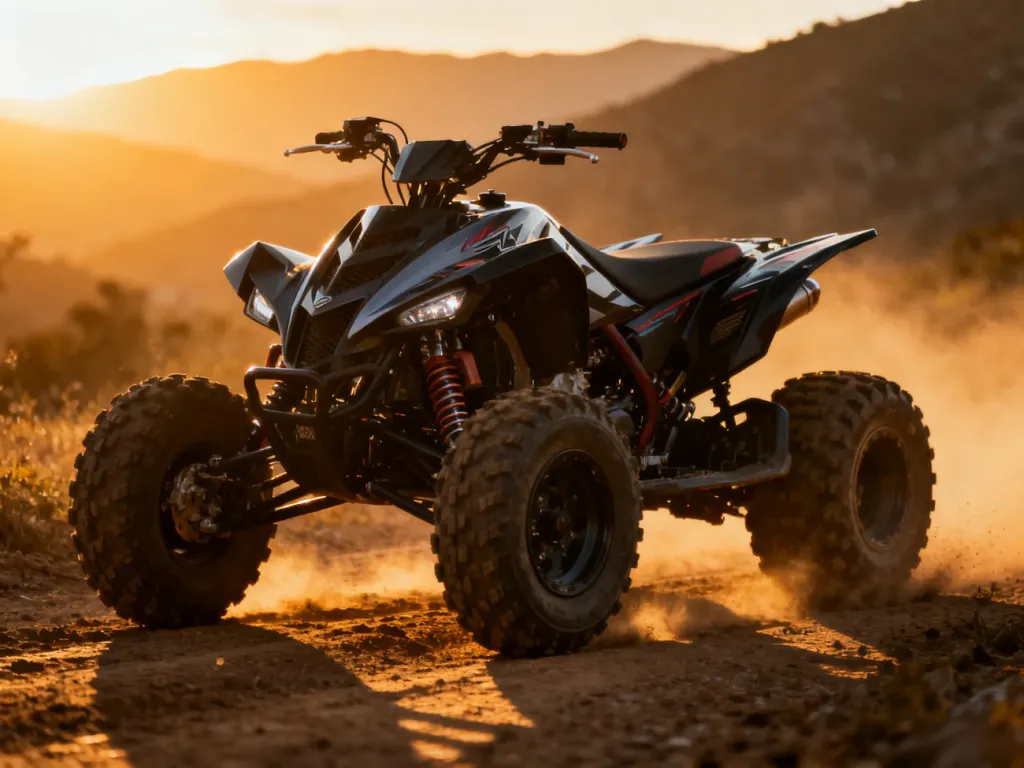 Sportowy quad Yamaha Raptor 700 zaparkowany na piaszczystym szlaku podczas zachodu słońca.
